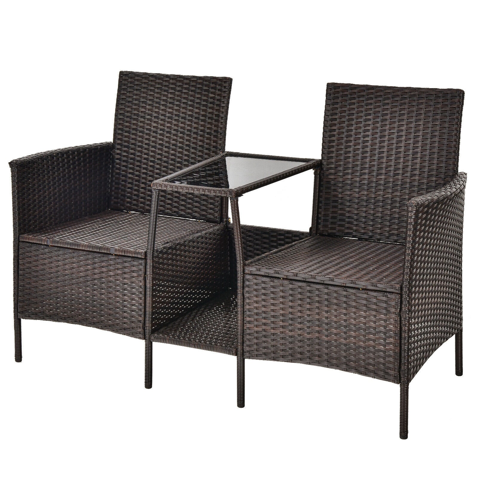 Patio Rattan Wicker Conversation Set Sofa Cushioned Loveseat Glass Table