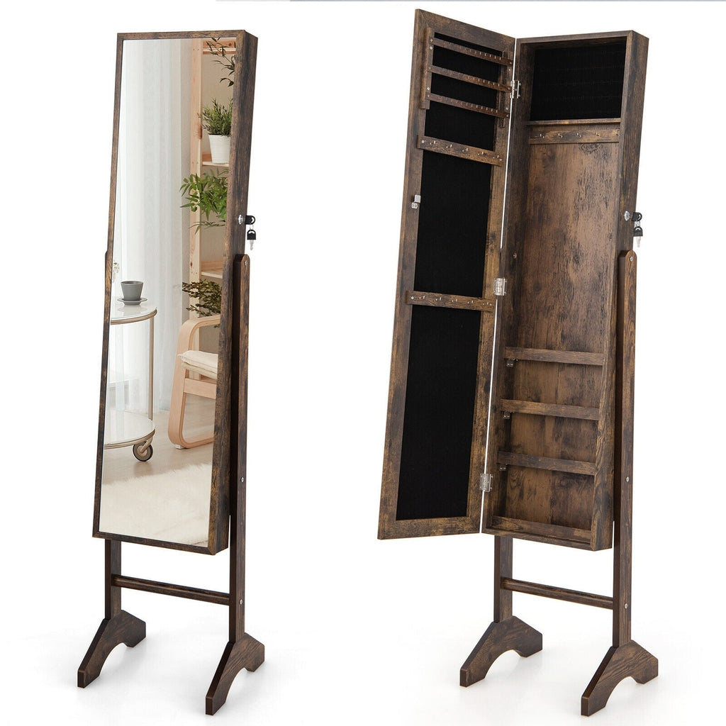 Free-Standing Jewelry Cabinet with Full-Length Mirror and Lockable Door