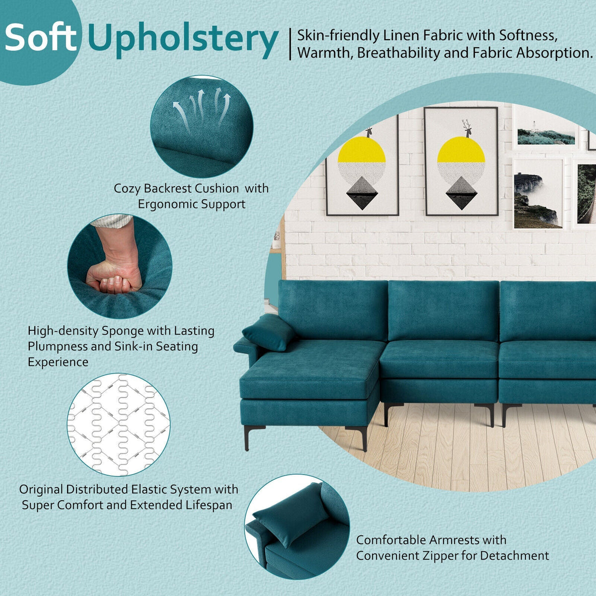 Extra Large L-shaped Sectional Sofa with Reversible Chaise and 2 USB Ports for 4-5 People