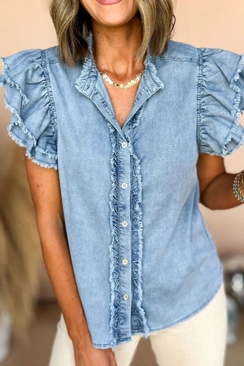 Button Down Raw Hem Ruffled Denim Shirt