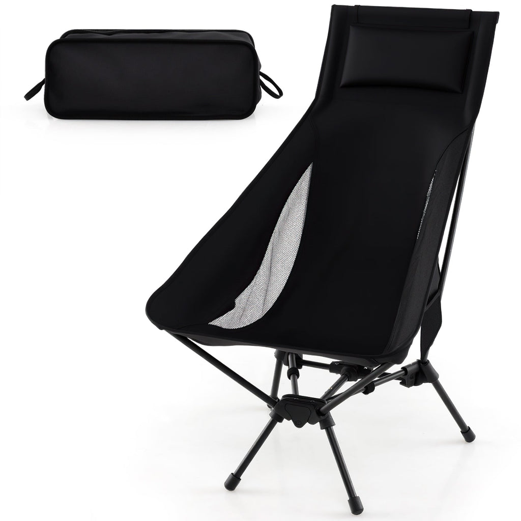 High Back Portable Camping Chair with Compact Carry Bag and Pillow-Black
