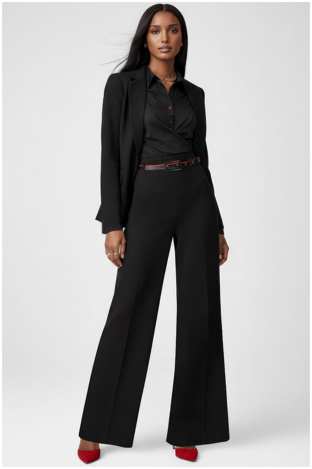 Barbara Wide-Leg Pants in Black | Tailored Suit Trousers with Belted Waist | Luna Fashion House