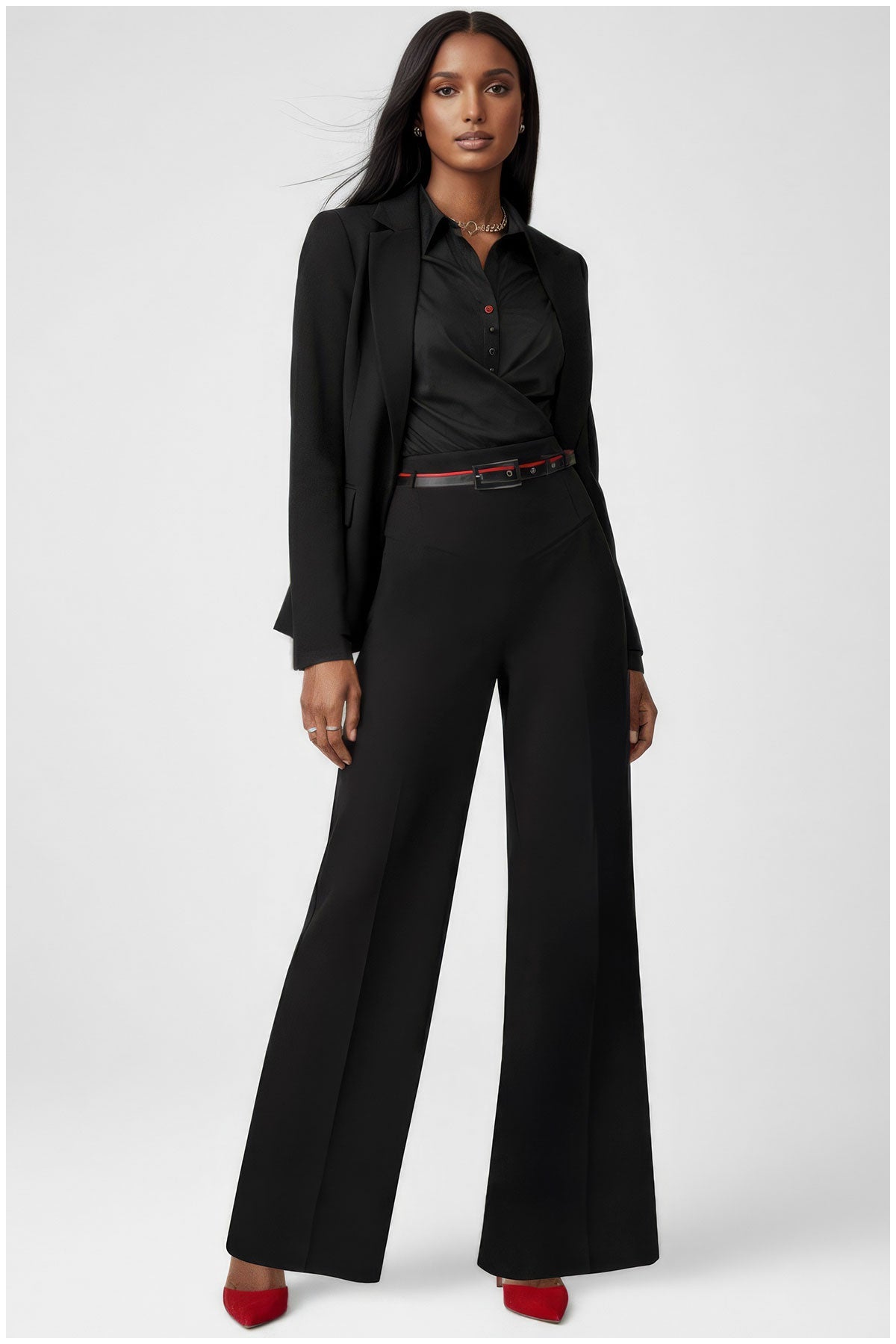 Barbara Wide-Leg Pants in Black | Tailored Suit Trousers with Belted Waist | Luna Fashion House