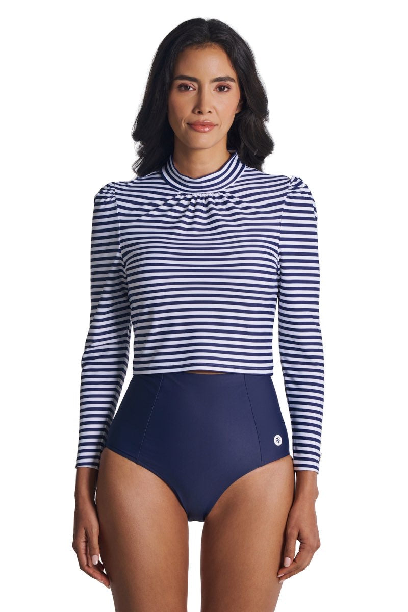 Women's Toscana Puff Sleeve Swim Top | White/Navy Stripe