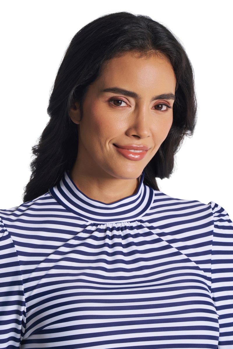 Women's Toscana Puff Sleeve Swim Top | White/Navy Stripe