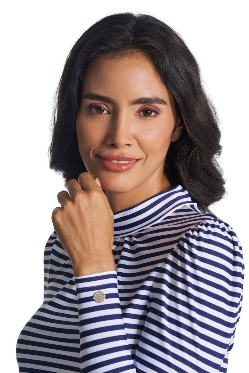 Women's Toscana Puff Sleeve Swim Top | White/Navy Stripe