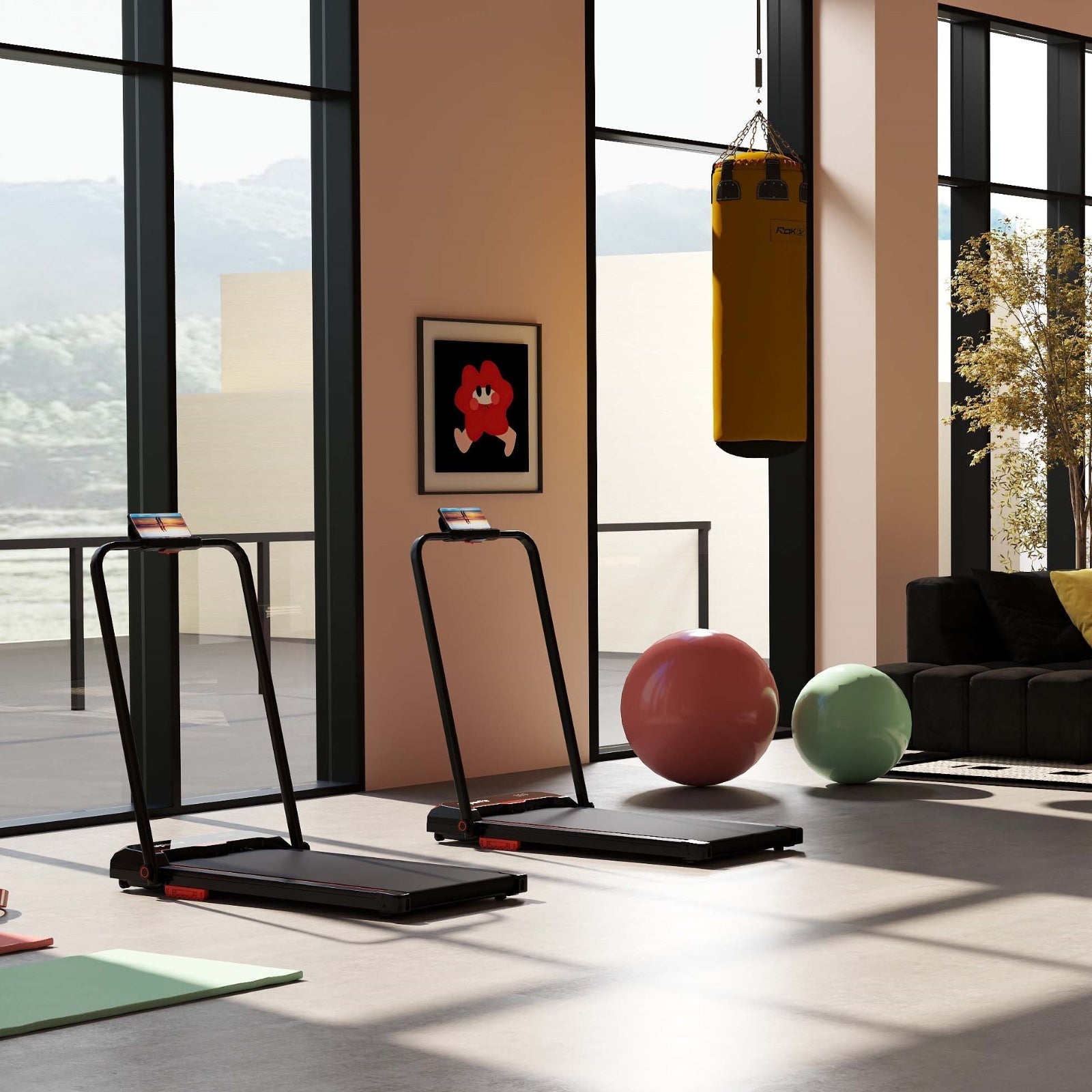 Fitness Room Bundle: Hanging Punching Bag Set + Folding Treadmill