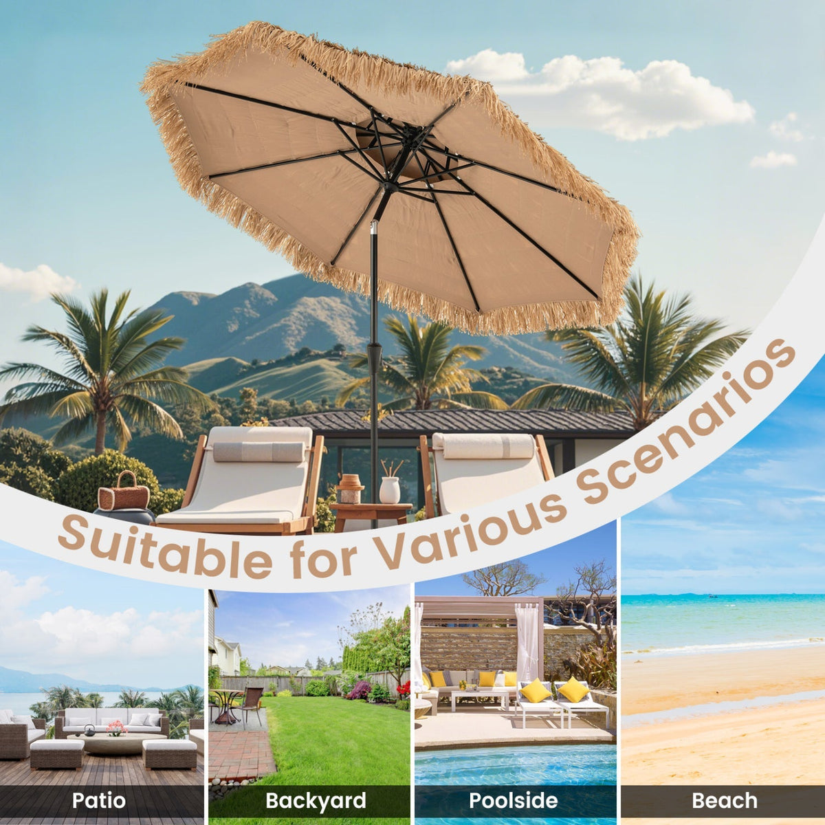 10 FT Tiki Patio Umbrella with 2-Tier Vented Canopy