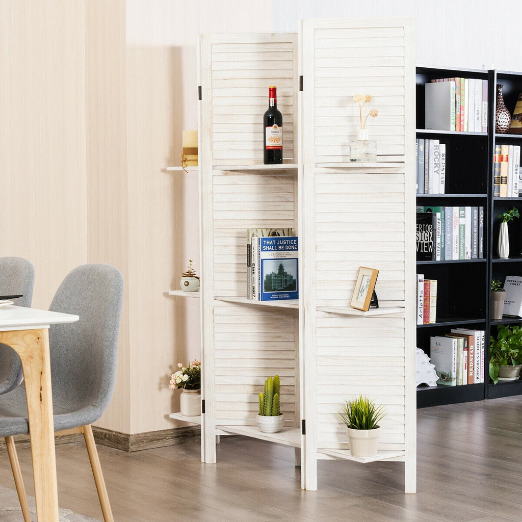 4 Panel Folding Room Divider Screen with 3 Display Shelves