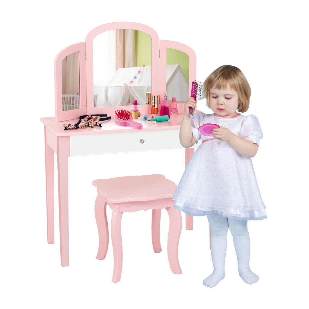 Kids Princess Make Up Dressing Table with Tri-folding Mirror and Chair