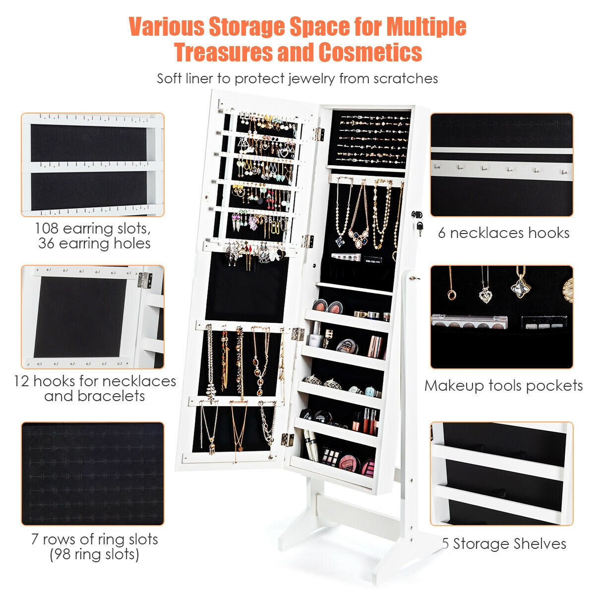 Jewelry Cabinet Stand Mirror Armoire with Large Storage Box