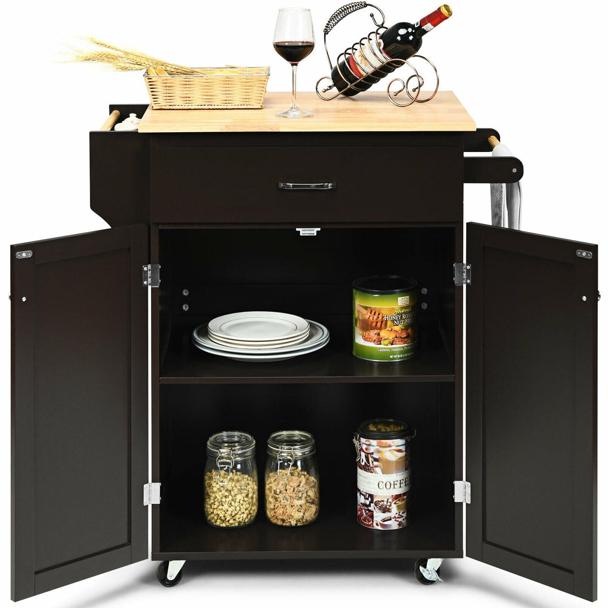 Utility Rolling Storage Cabinet Kitchen Island Cart with Spice Rack