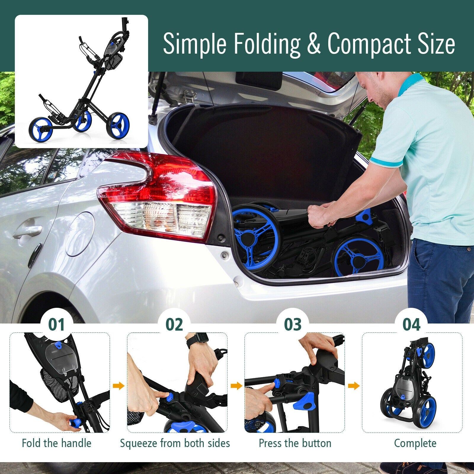 Folding 3 Wheels Golf Push Cart with Brake Scoreboard Adjustable Handle