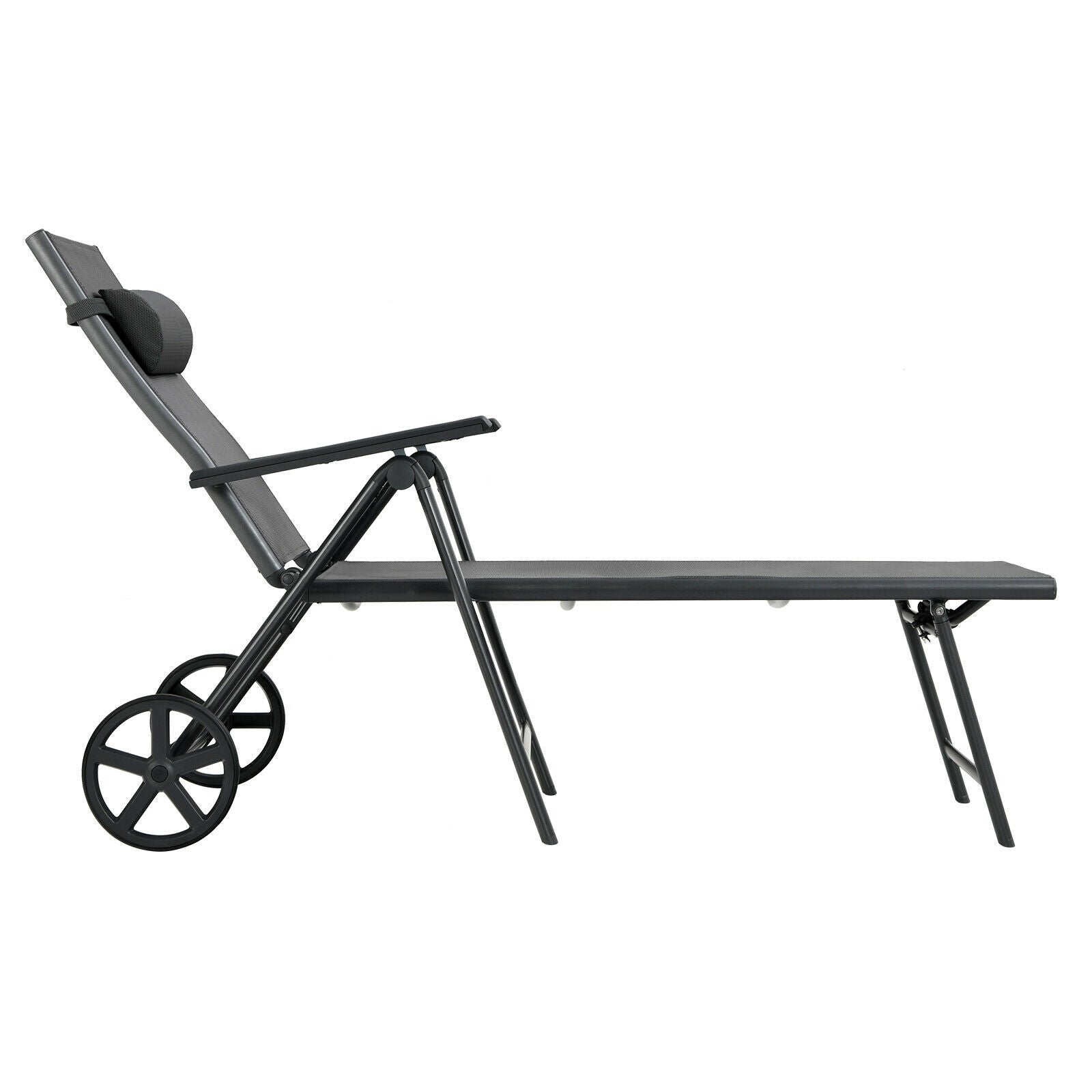 Patio Lounge Chair with Wheels Neck Pillow Aluminum Frame Adjustable-Gray