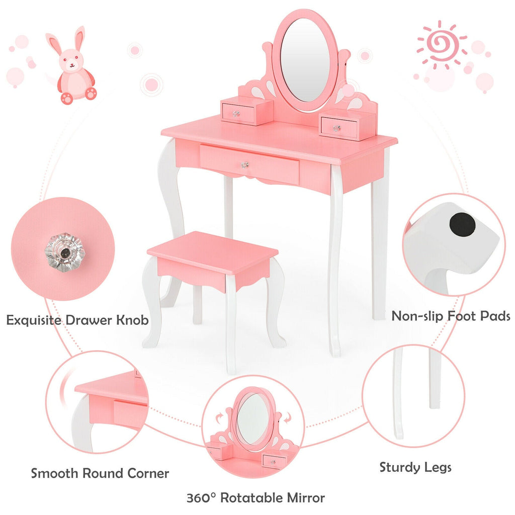 Kids Vanity Princess Makeup Dressing Table Stool Set with Mirror and Drawer