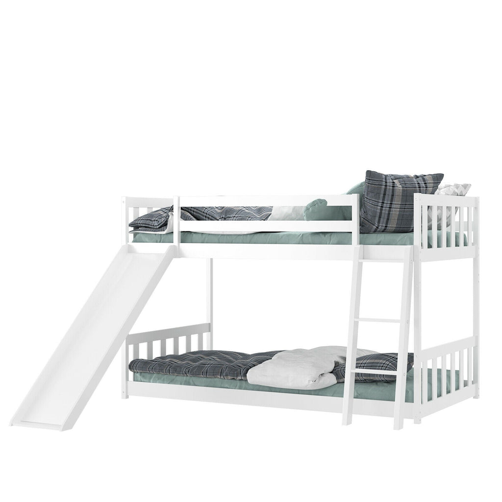 Twin over Twin Bunk Wooden Low Bed with Slide Ladder for Kids