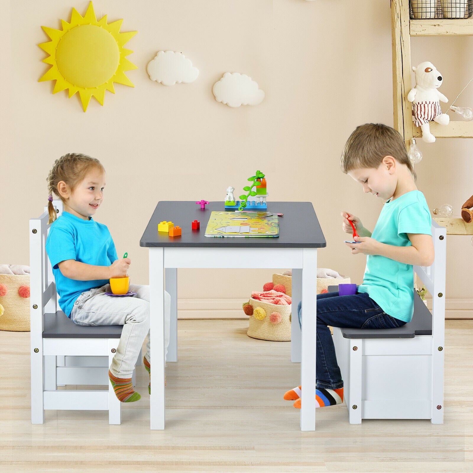 4 Pieces Kids Wooden Activity Table and Chairs Set with Storage Bench and Study Desk