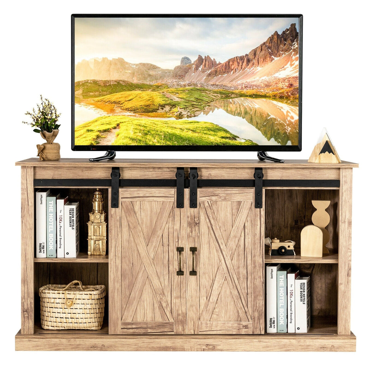 55 Inch Sliding Barn Door TV Stand with Adjustable Shelves for TVs up to 65 Inch-Natural