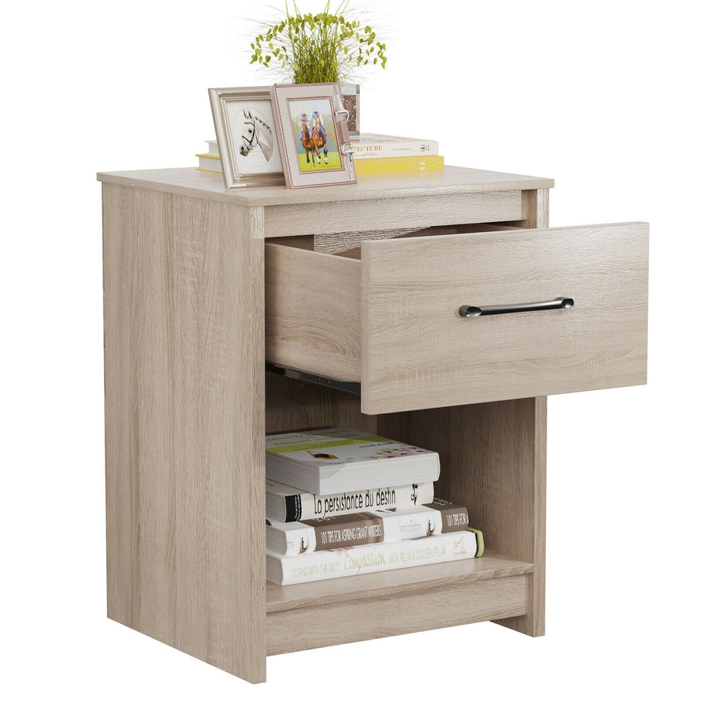 Wooden Nightstand with Drawer and Open Storage Compartment