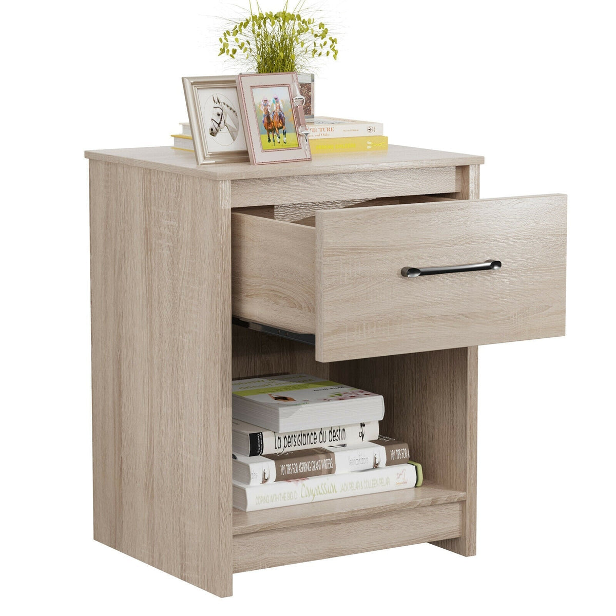 Wooden Nightstand with Drawer and Open Storage Compartment
