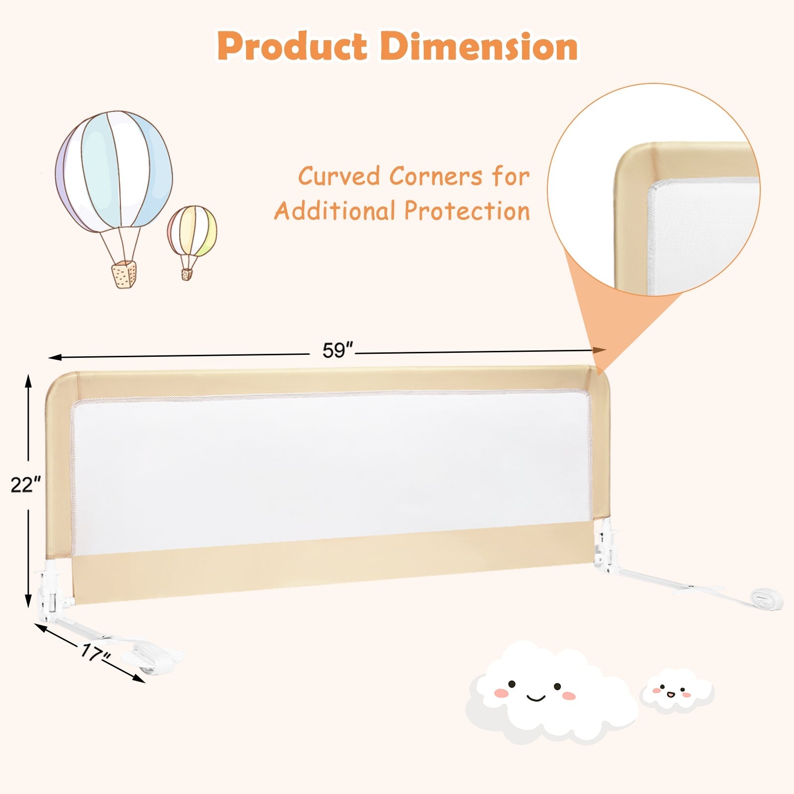 59 Inch Folding Breathable Baby Bed Rail Guard with Safety Strap