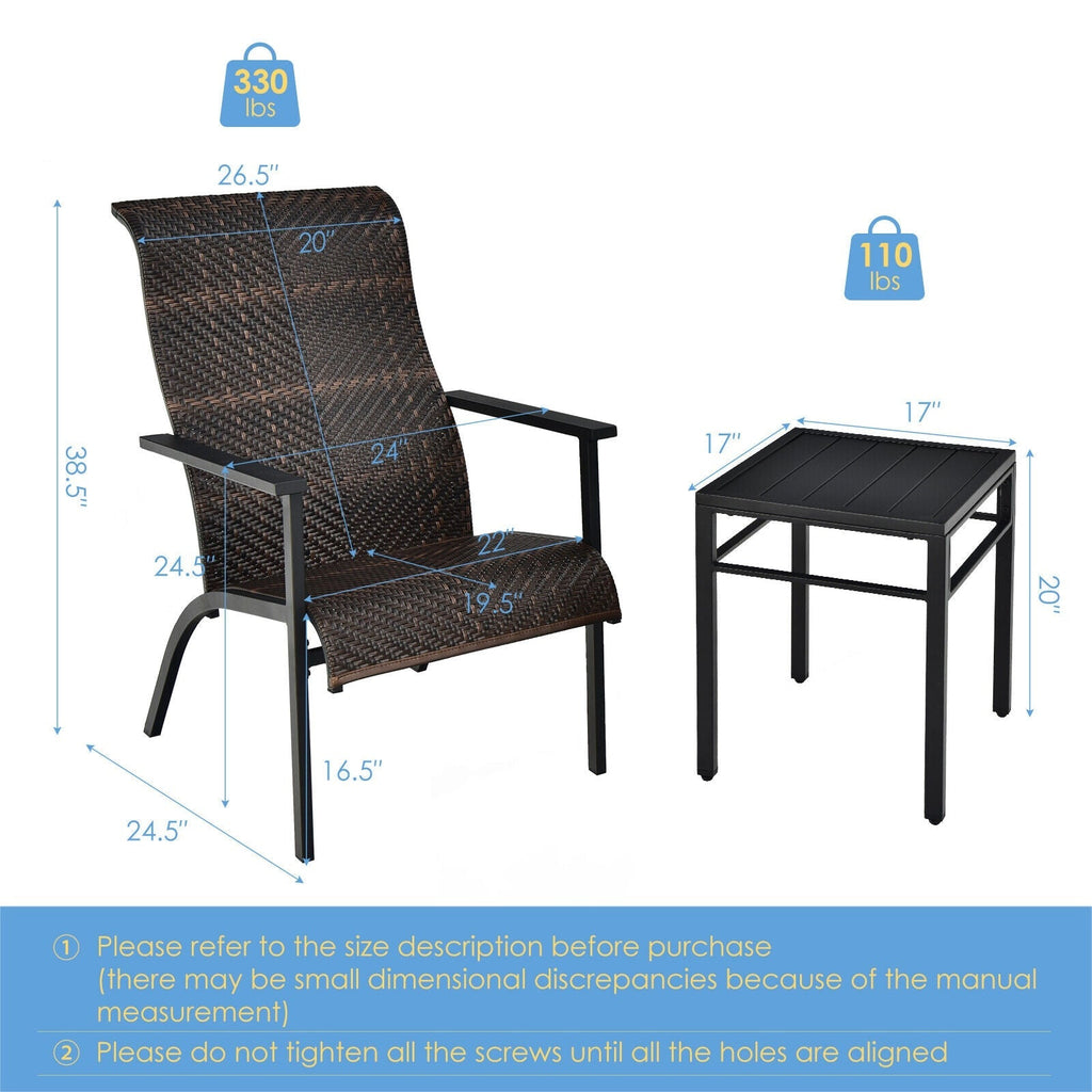 3 Pieces Patio Rattan Bistro Set with High Backrest and Armrest