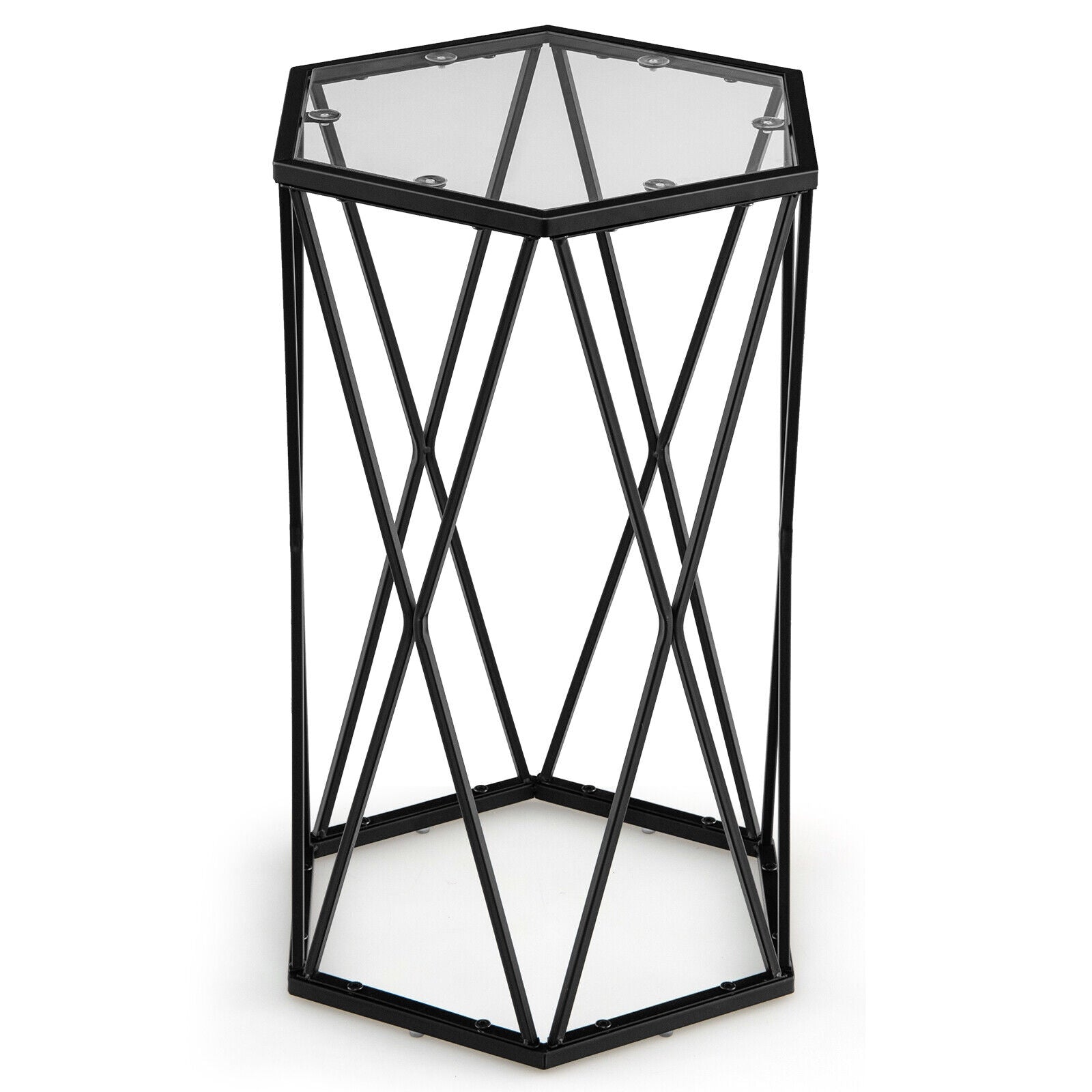 Hexagonal Accent End Table with Tempered Glass Top and Metal Frame