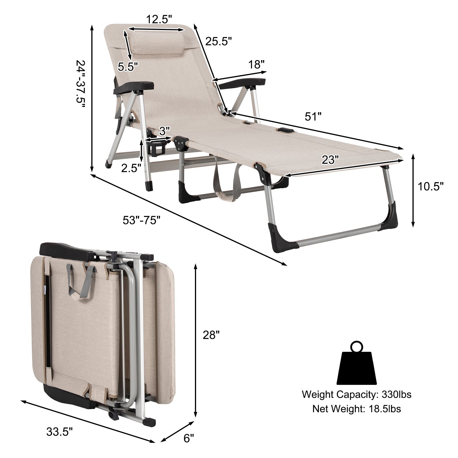 Beach Folding Chaise Lounge Recliner with 7 Adjustable Position