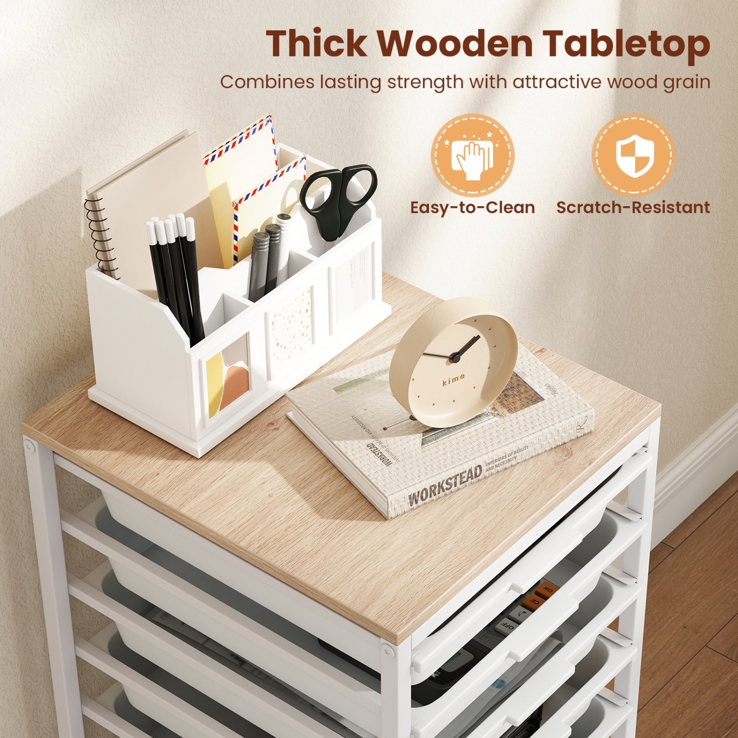 10-Drawer Rolling Storage Cart Mobile Utility Organizer with Wooden Tabletop and Lockable Wheels