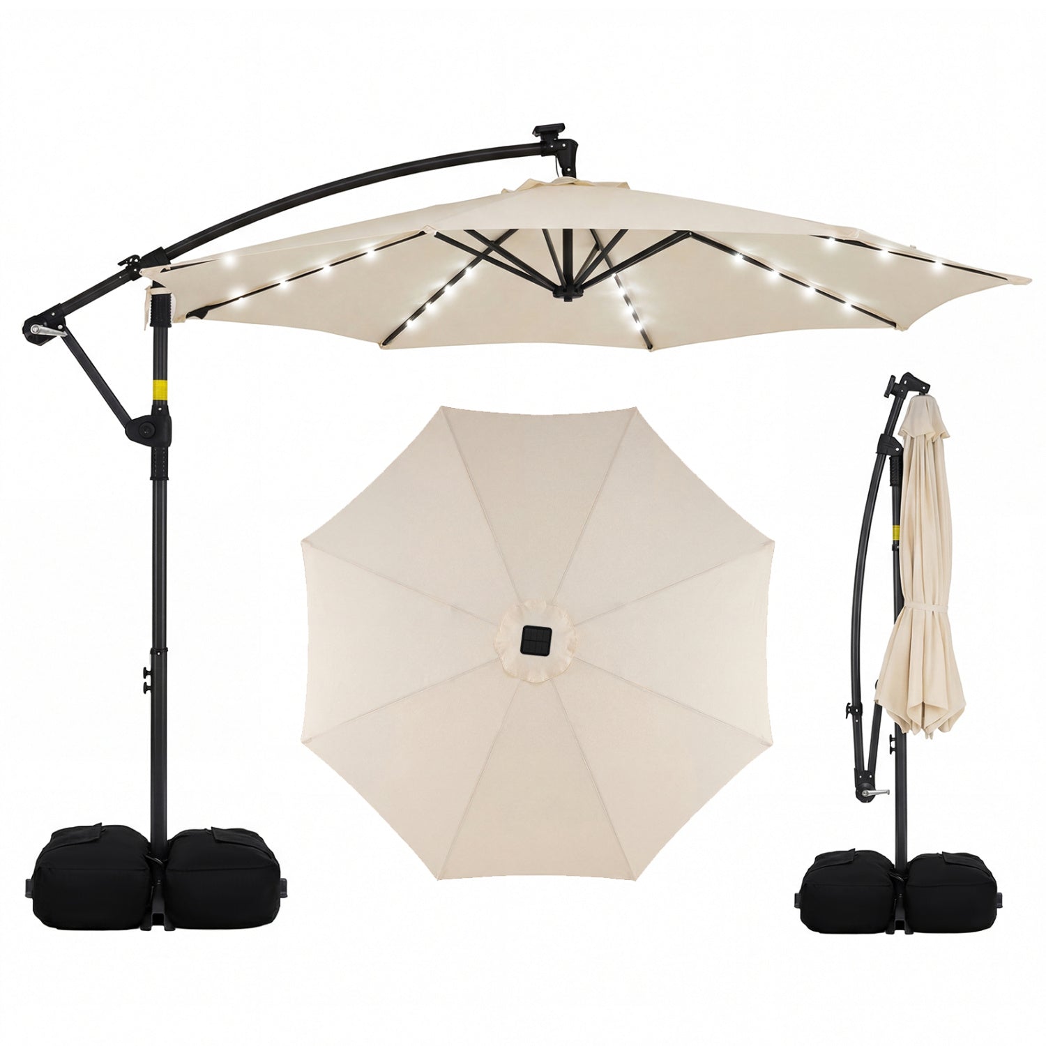 10 FT Solar LED Offset Cantilever Patio Umbrella Hanging Outdoor Market Umbrella