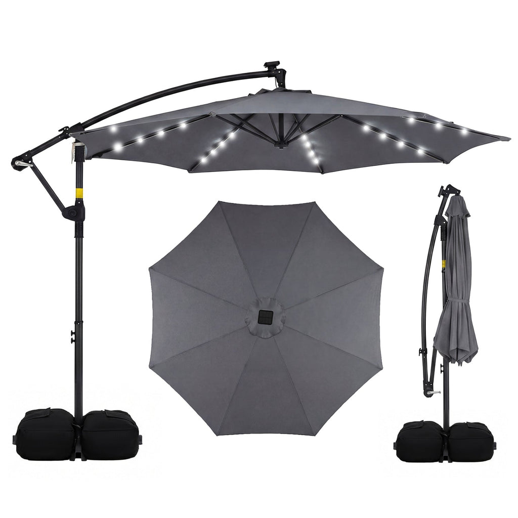 10 FT Solar LED Offset Cantilever Patio Umbrella Hanging Outdoor Market Umbrella