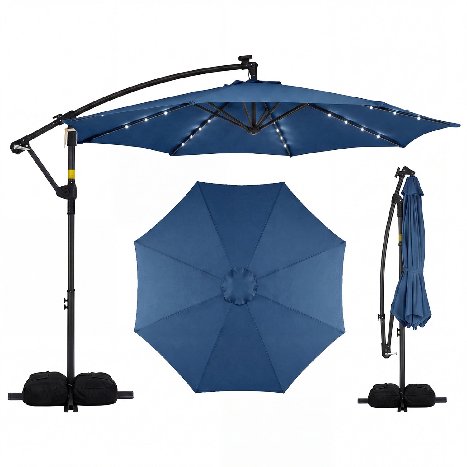 10 Feet Solar Offset Hanging Umbrella with Base and 32 LED Lights
