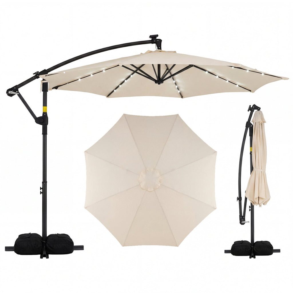 10 Feet Solar Offset Hanging Umbrella with Base and 32 LED Lights