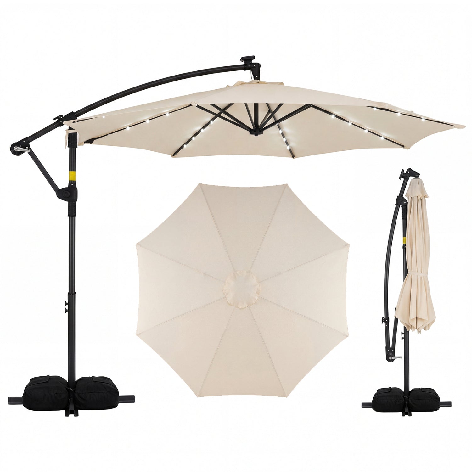 10 Feet Solar Offset Hanging Umbrella with Base and 32 LED Lights