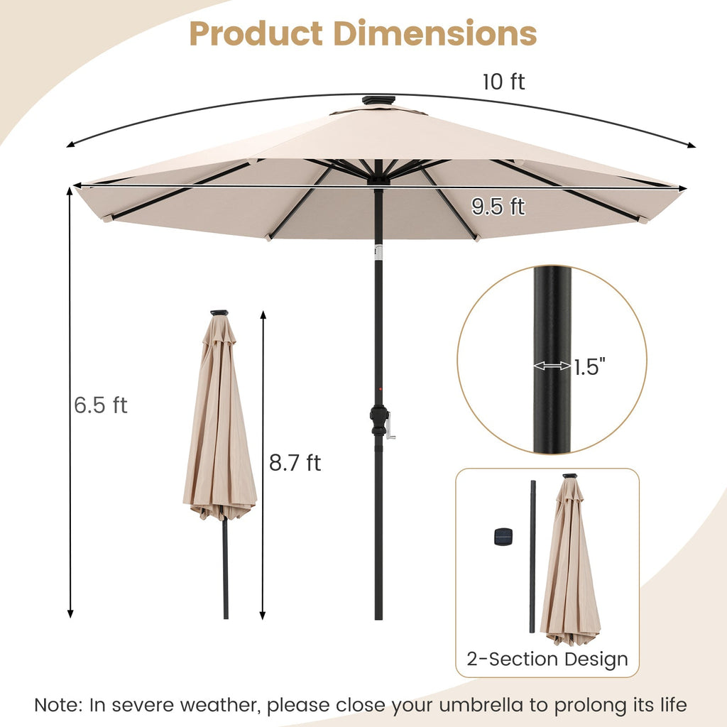 10 Feet Solar Patio Umbrella with 96 Multi-Colored Flowing LED Lights and Tilt Adjustment