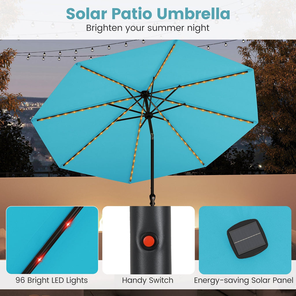 10 Feet Solar Patio Umbrella with 96 Multi-Colored Flowing LED Lights and Tilt Adjustment