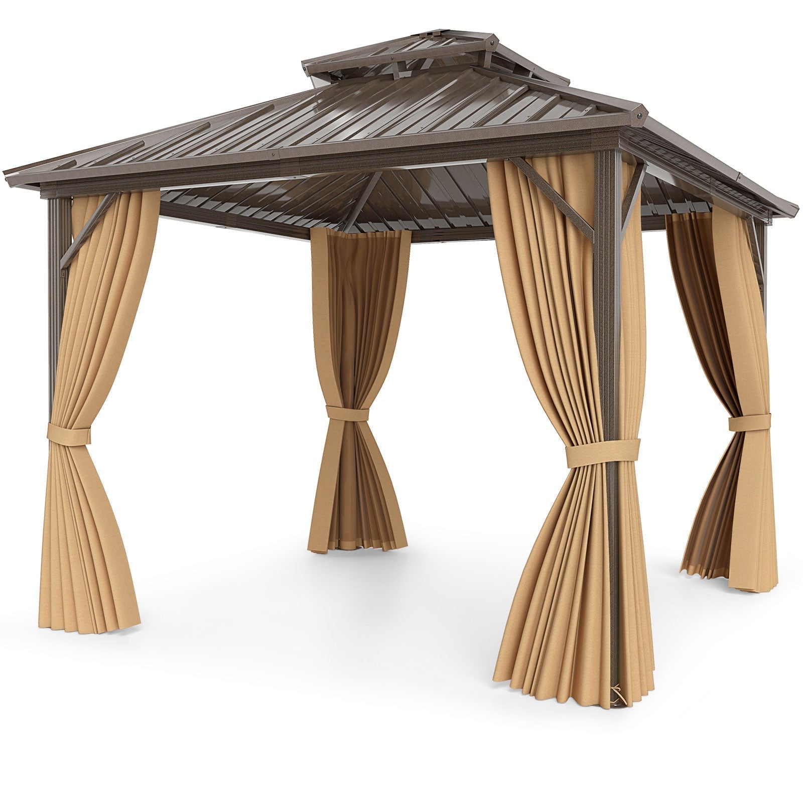 10 X 10 Feet Hardtop Gazebo with Netting and Curtain for Patio Backyard-Coffee