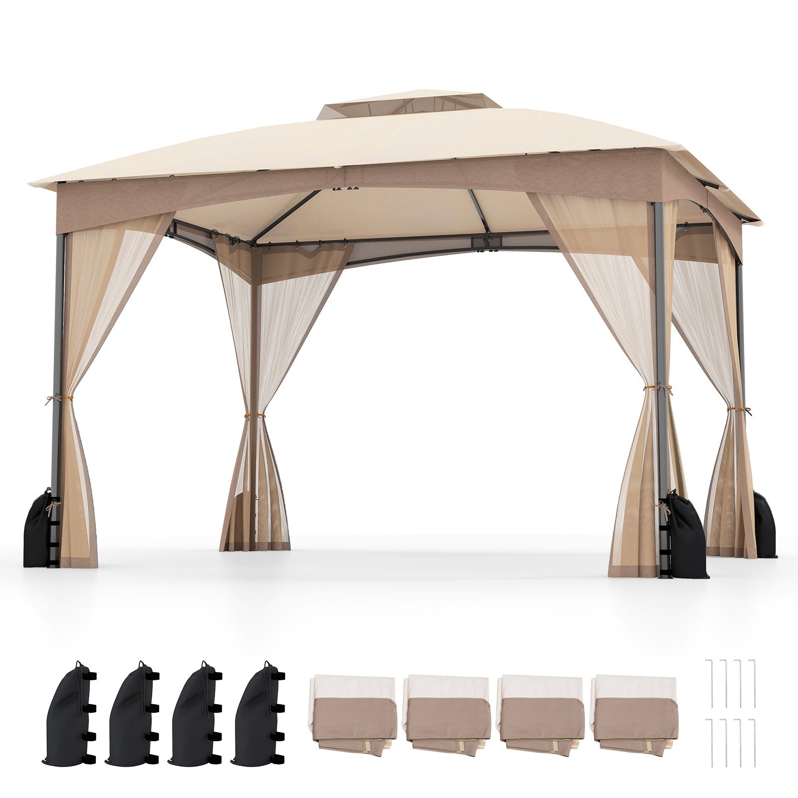 10 X 12 FT Patio Gazebo with Netting Walls with 4 Sandbags