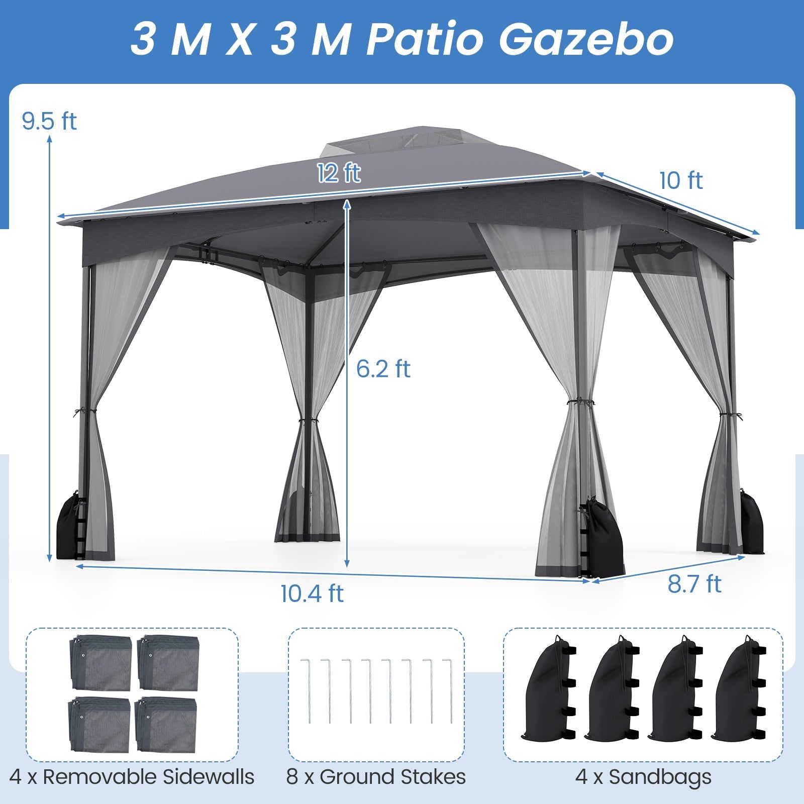 10 X 12 FT Patio Gazebo with Netting Walls with 4 Sandbags