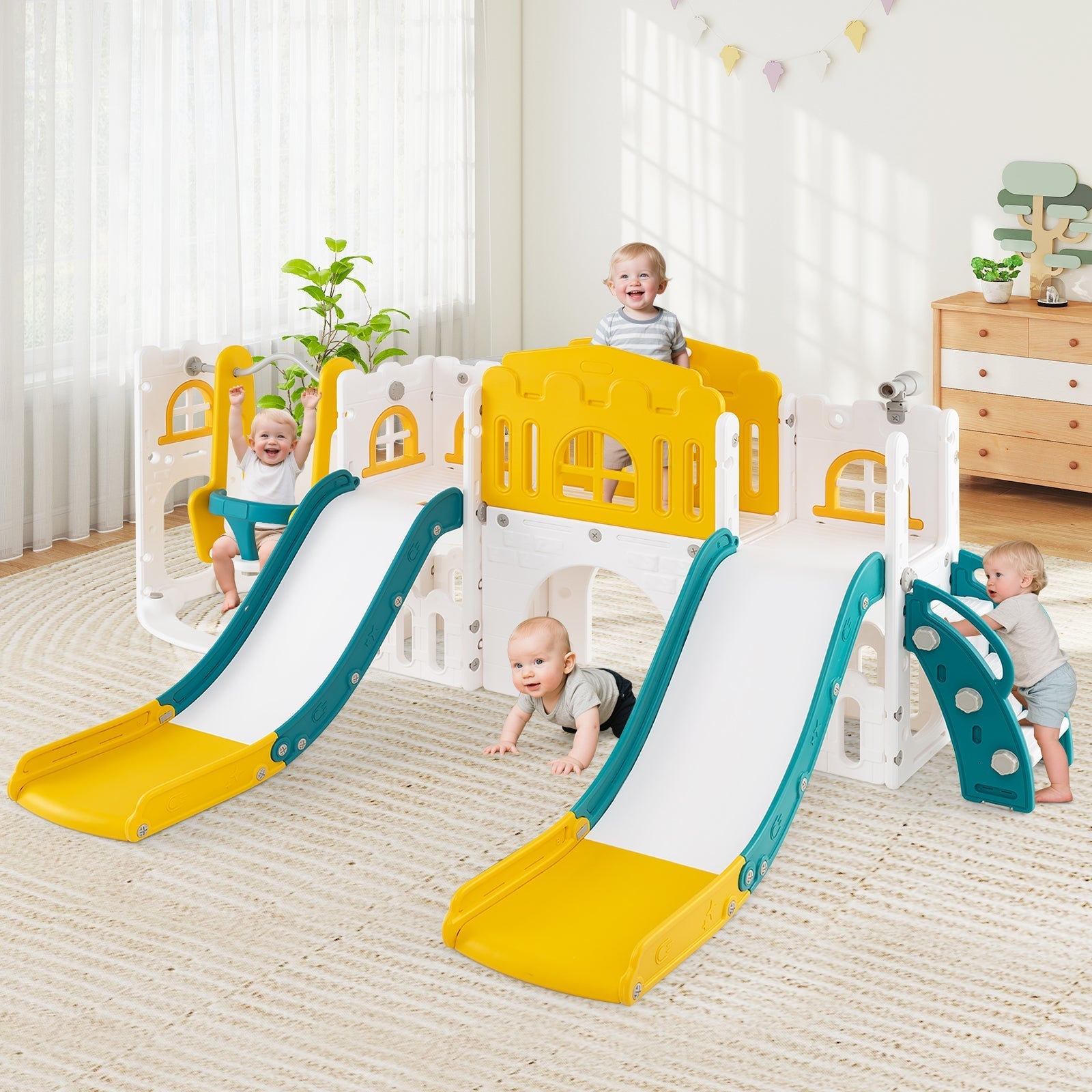 10-in-1 Toddler Slide and Swing Set with Double Slides and Tunnel