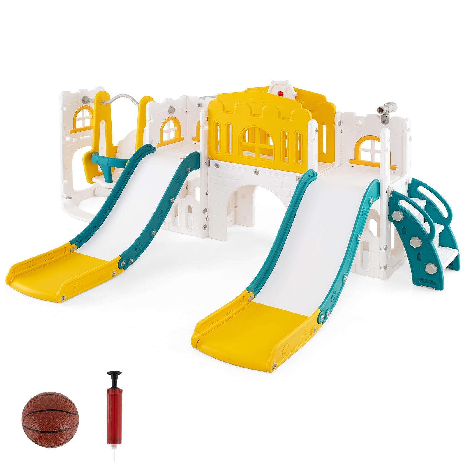10-in-1 Toddler Slide and Swing Set with Double Slides and Tunnel