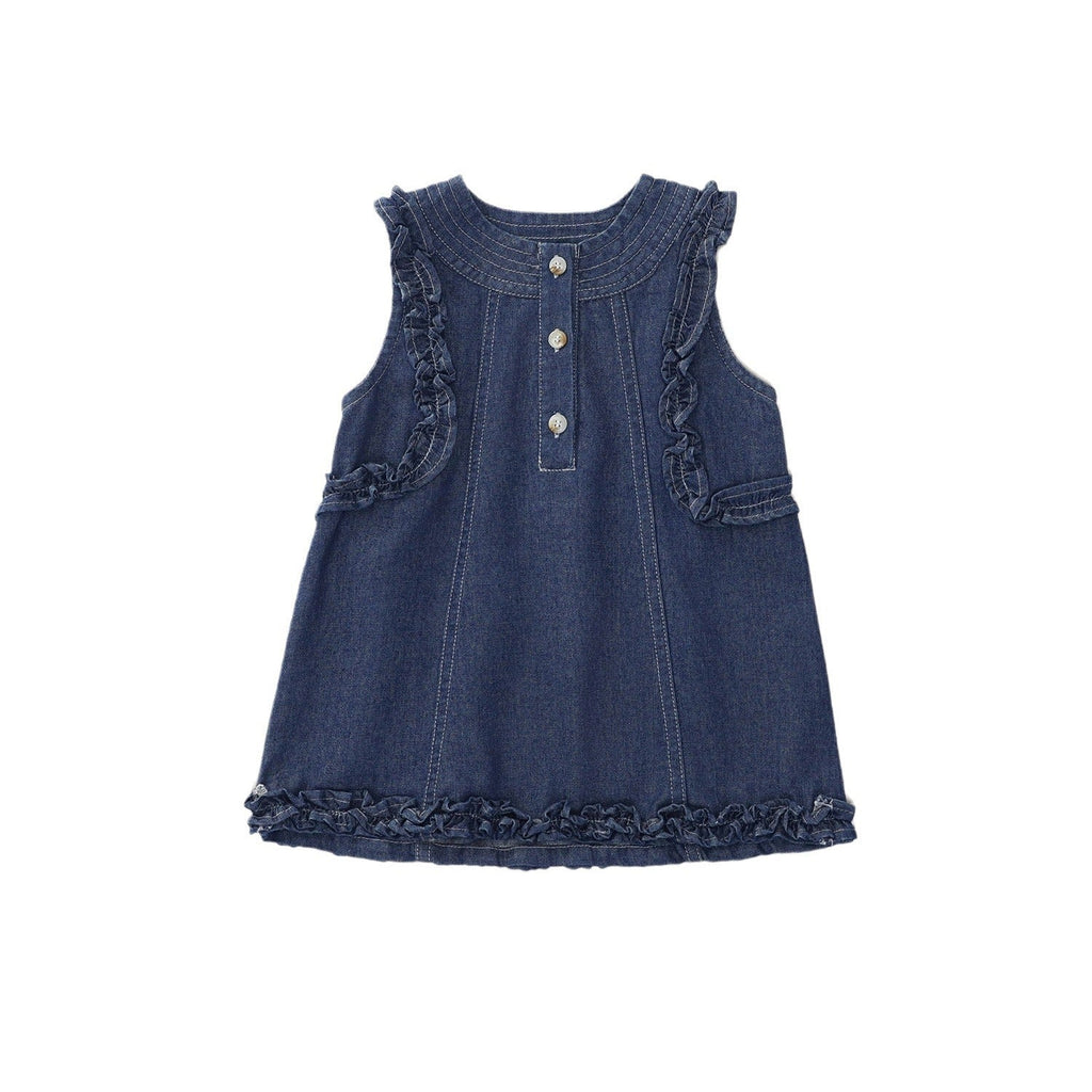 Korean-style Frilly Sleeveless Denim Dress For Girls