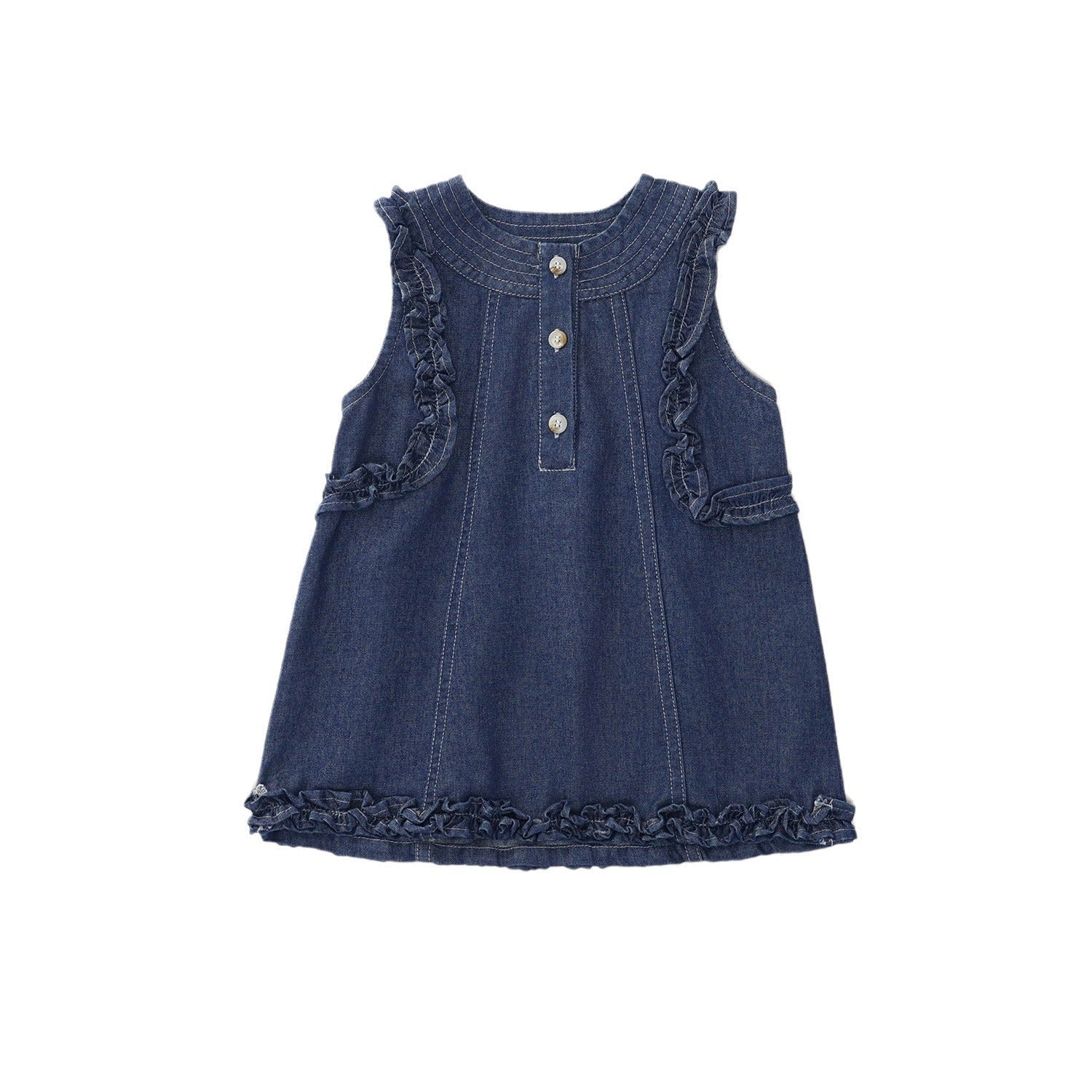 Korean-style Frilly Sleeveless Denim Dress For Girls