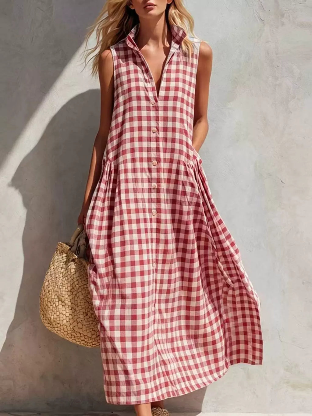 Full Size Sleeveless Gingham Button-Down Midi Dress Plus Size
