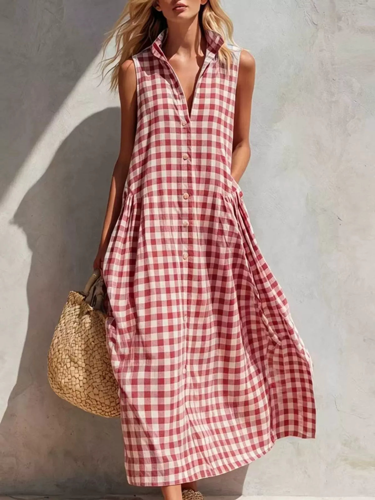Full Size Sleeveless Gingham Button-Down Midi Dress Plus Size