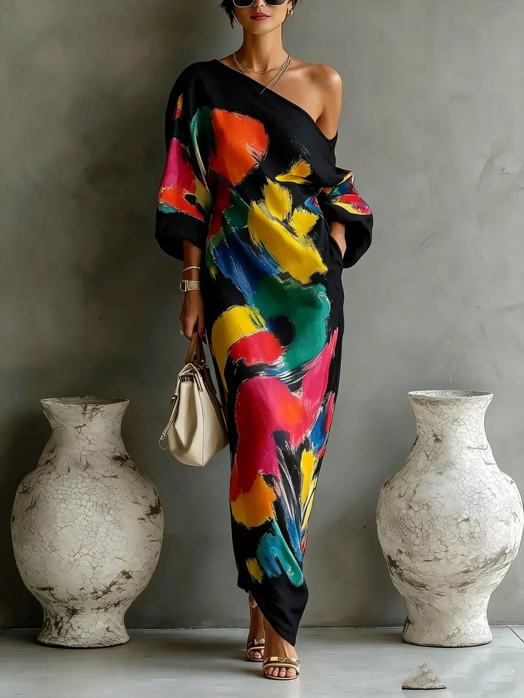 Full Size One-Shoulder Abstract Print Loose Fit Maxi Dress Plus Size