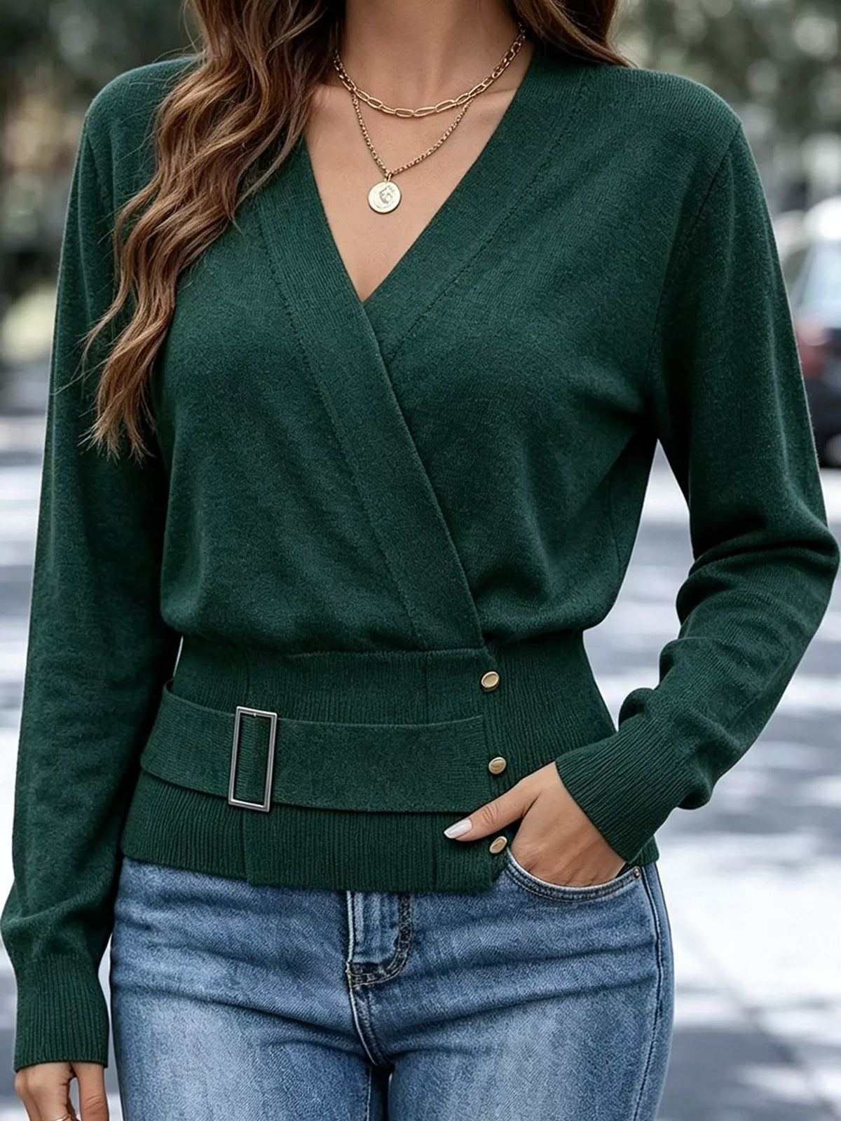 Surplice Elastic Waist Long Sleeve Knit Top