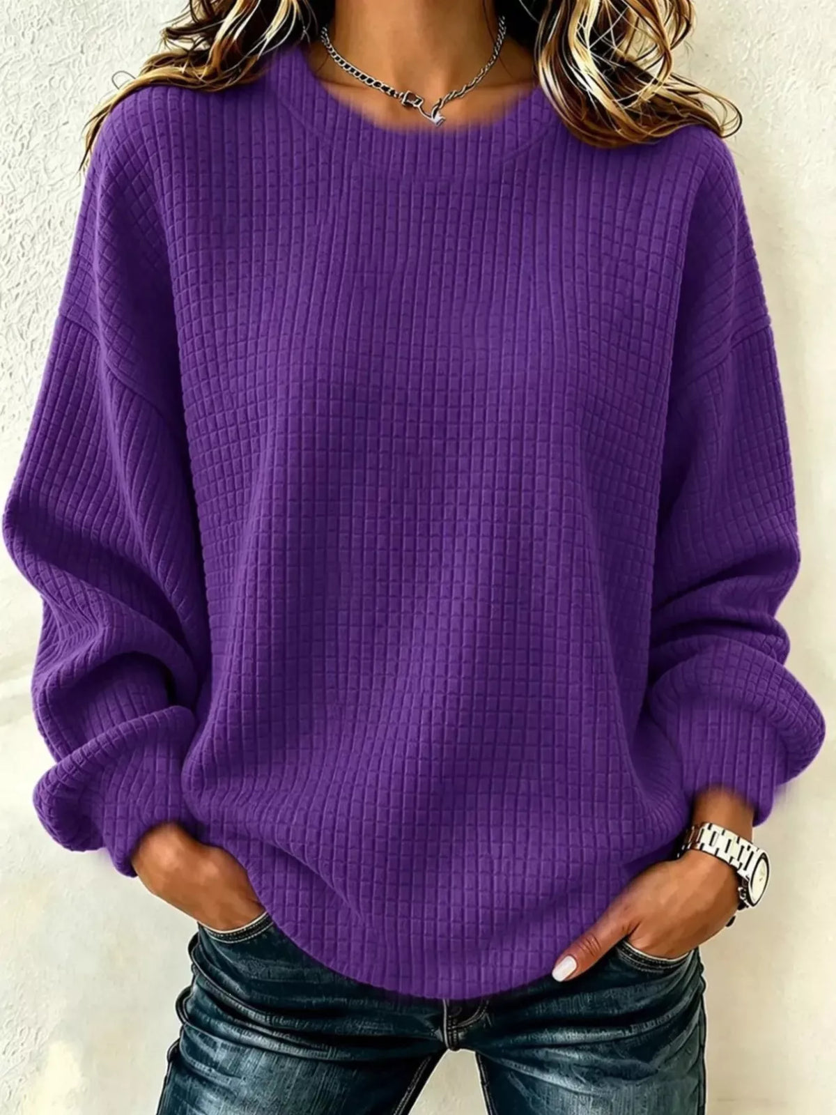 Full Size Textured Crew Neck Long Sleeve Sweatshirt Plus Size