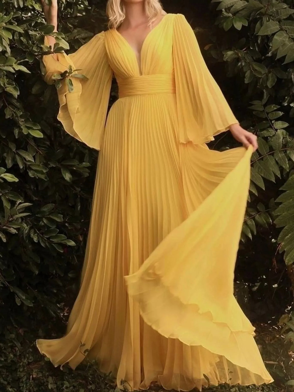 V-Neck Pleated Maxi Dress