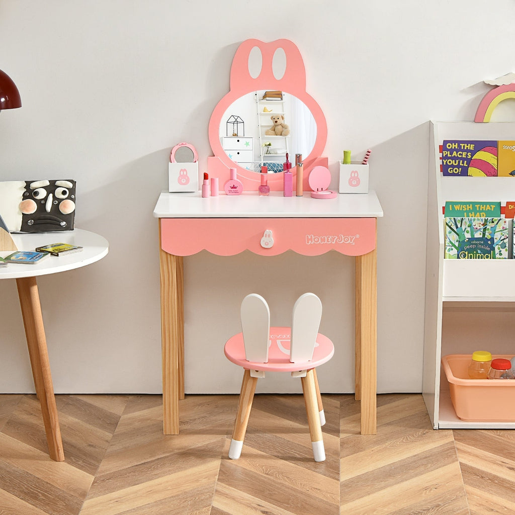 Kids Vanity Set Rabbit Makeup Dressing Table Chair Set with Mirror and Drawer